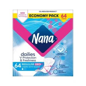 This is an image of Nana Daily Regular Panty Liners, in a deo scented version, super absorbent and gentle on the skin, with 64 liners in an economy pack, designed to keep you fresh and protected all day long with odor absorption.