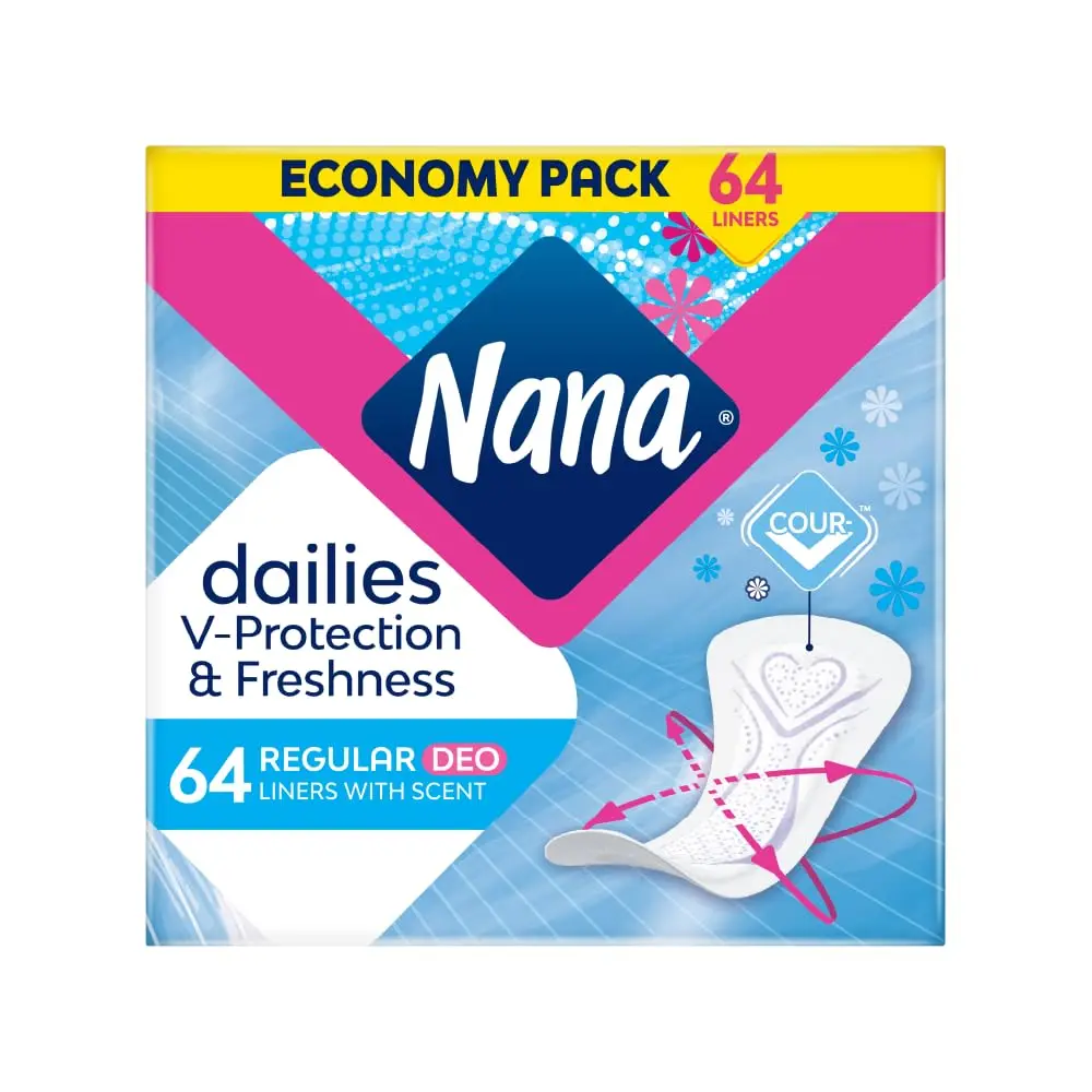 This is an image of Nana Daily Regular Panty Liners, in a deo scented version, super absorbent and gentle on the skin, with 64 liners in an economy pack, designed to keep you fresh and protected all day long with odor absorption.