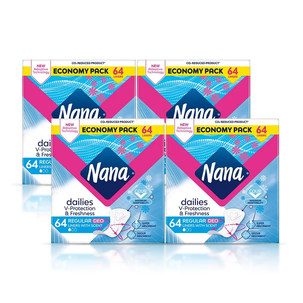 This is an image of Nana Daily Regular Panty Liners, in a deo scented version, super absorbent and gentle on the skin, with 64 liners in an economy pack, designed to keep you fresh and protected all day long with odor absorption.