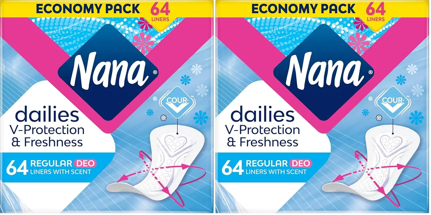 This is an image of Nana Daily Regular Panty Liners, in a deo scented version, super absorbent and gentle on the skin, with 64 liners in an economy pack, designed to keep you fresh and protected all day long with odor absorption.