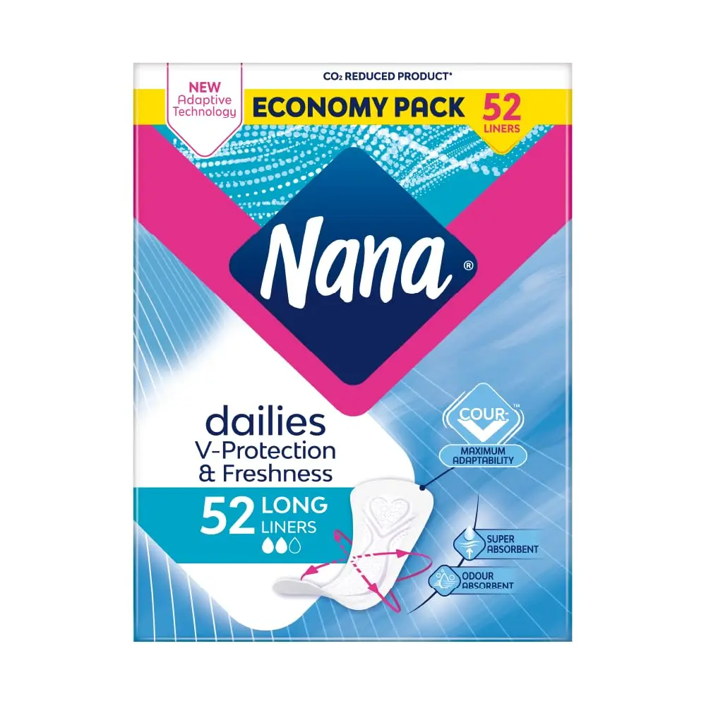 A pack of 52 Nana Daily Long panty liners providing all-day freshness, super absorbent protection, and gentle comfort for sensitive skin.