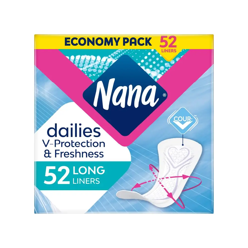 A pack of 52 Nana Daily Long panty liners providing all-day freshness, super absorbent protection, and gentle comfort for sensitive skin.