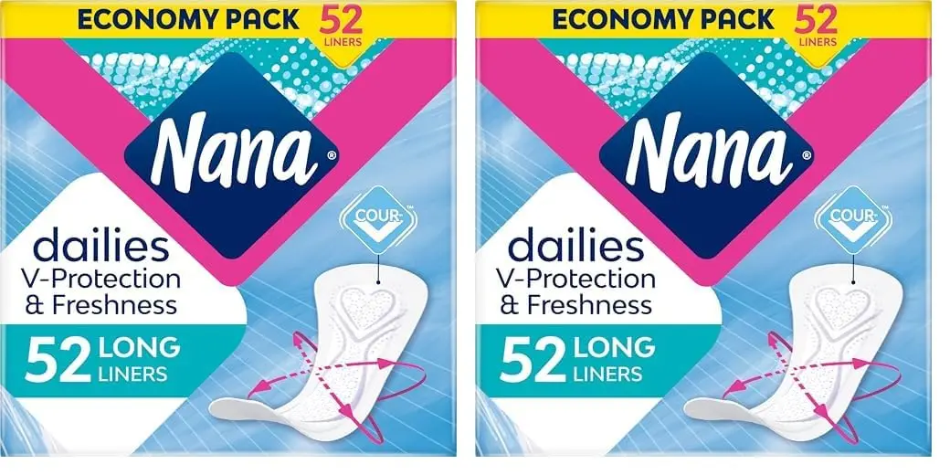 A pack of 52 Nana Daily Long panty liners providing all-day freshness, super absorbent protection, and gentle comfort for sensitive skin.