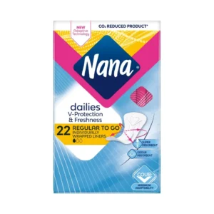 Nana Regular to go panty liners, individually wrapped for freshness and featuring super absorbent material for all-day protection and odor control, offering a comfortable curve fit.
