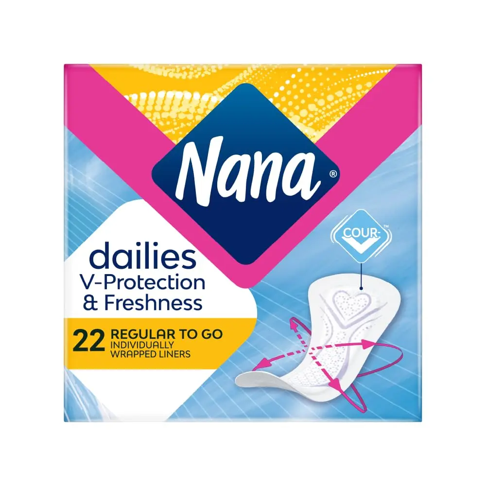 Nana Regular to go panty liners, individually wrapped for freshness and featuring super absorbent material for all-day protection and odor control, offering a comfortable curve fit.