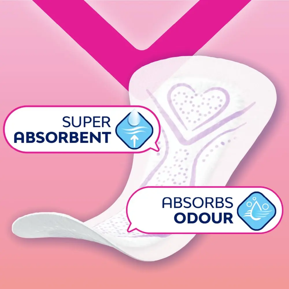 Nana Regular to go panty liners, individually wrapped for freshness and featuring super absorbent material for all-day protection and odor control, offering a comfortable curve fit.