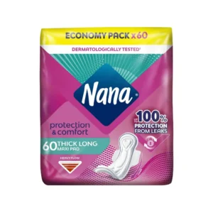 Pack of 60 Nana Maxi Thick Long Sanitary Pads designed for heavy flow with fast absorption and maximum protection, ensuring comfort and gentle care for the skin all day and night.