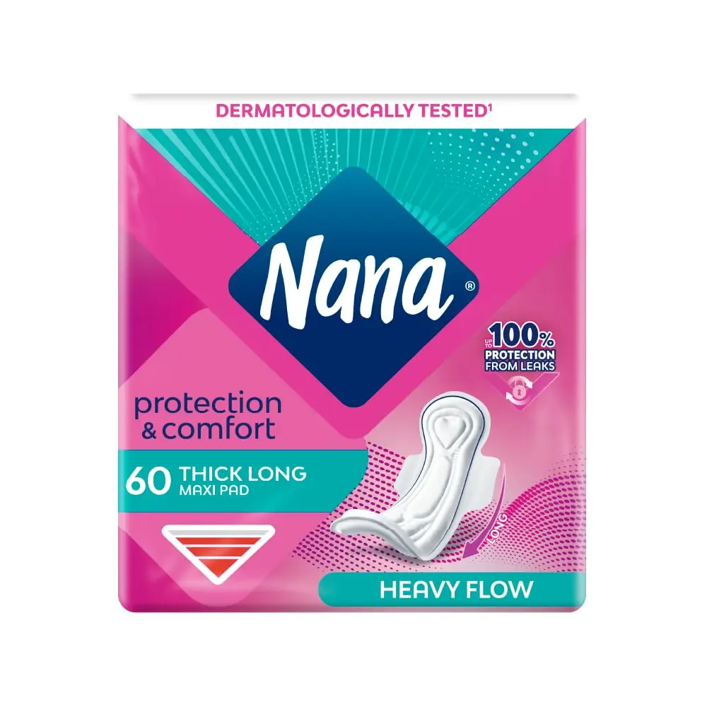 Pack of 60 Nana Maxi Thick Long Sanitary Pads designed for heavy flow with fast absorption and maximum protection, ensuring comfort and gentle care for the skin all day and night.