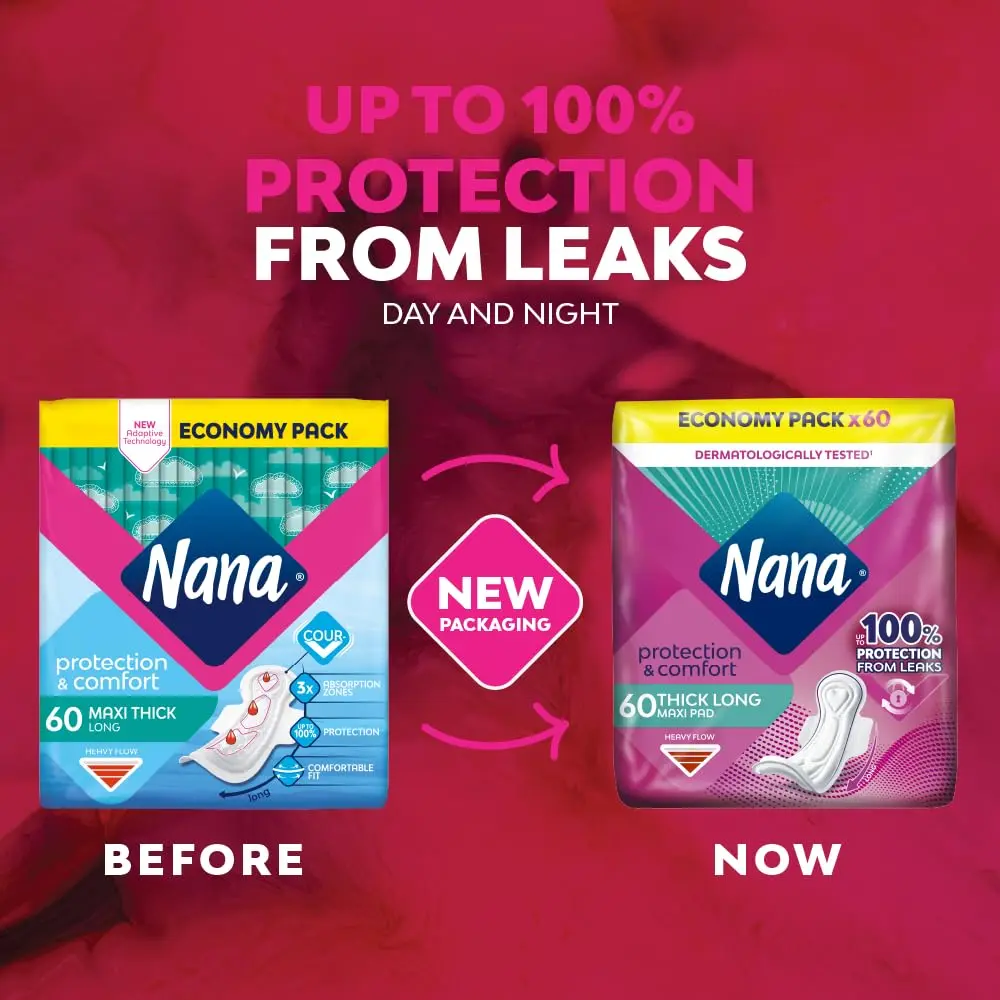 Pack of 60 Nana Maxi Thick Long Sanitary Pads designed for heavy flow with fast absorption and maximum protection, ensuring comfort and gentle care for the skin all day and night.