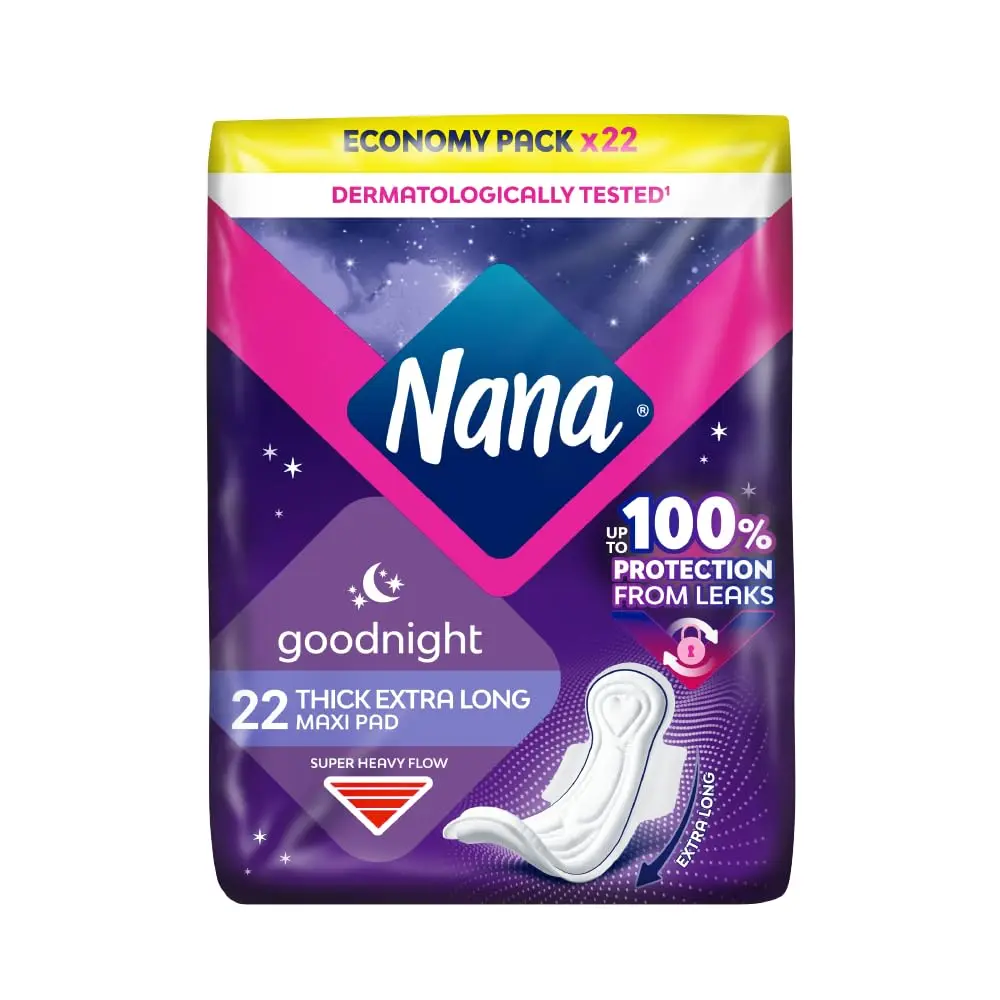 Nana Maxi Thick Goodnight Sanitary Pads designed for super heavy flow at night with maximum absorption and gentle material, offering up to 100% leak protection for all-night comfort.