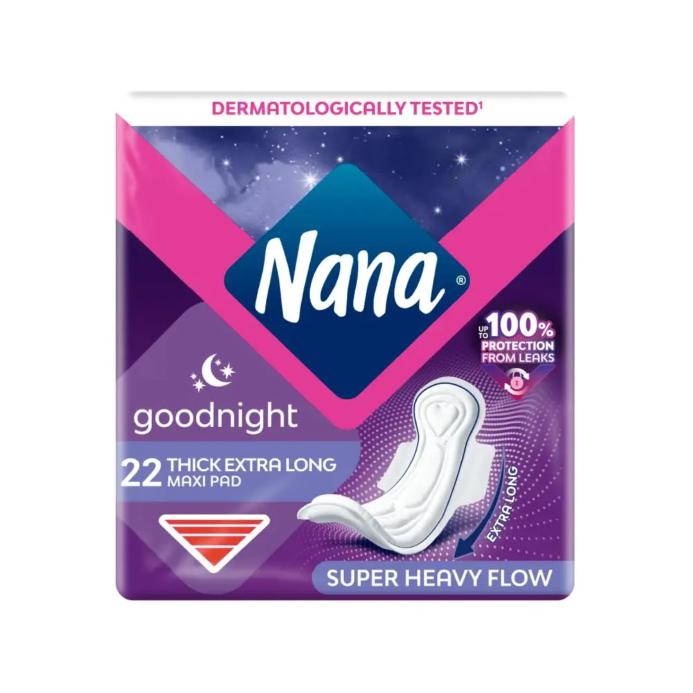 Nana Maxi Thick Goodnight Sanitary Pads designed for super heavy flow at night with maximum absorption and gentle material, offering up to 100% leak protection for all-night comfort.