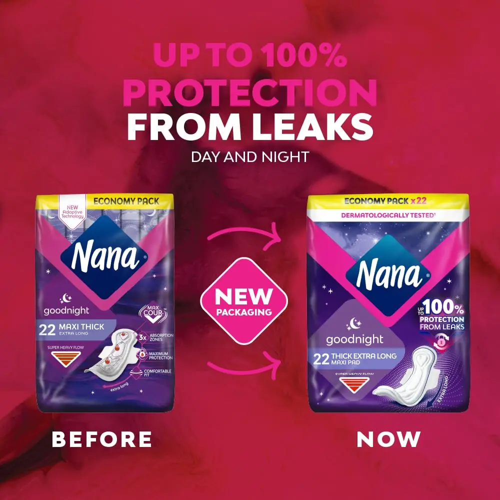 Nana Maxi Thick Goodnight Sanitary Pads designed for super heavy flow at night with maximum absorption and gentle material, offering up to 100% leak protection for all-night comfort.
