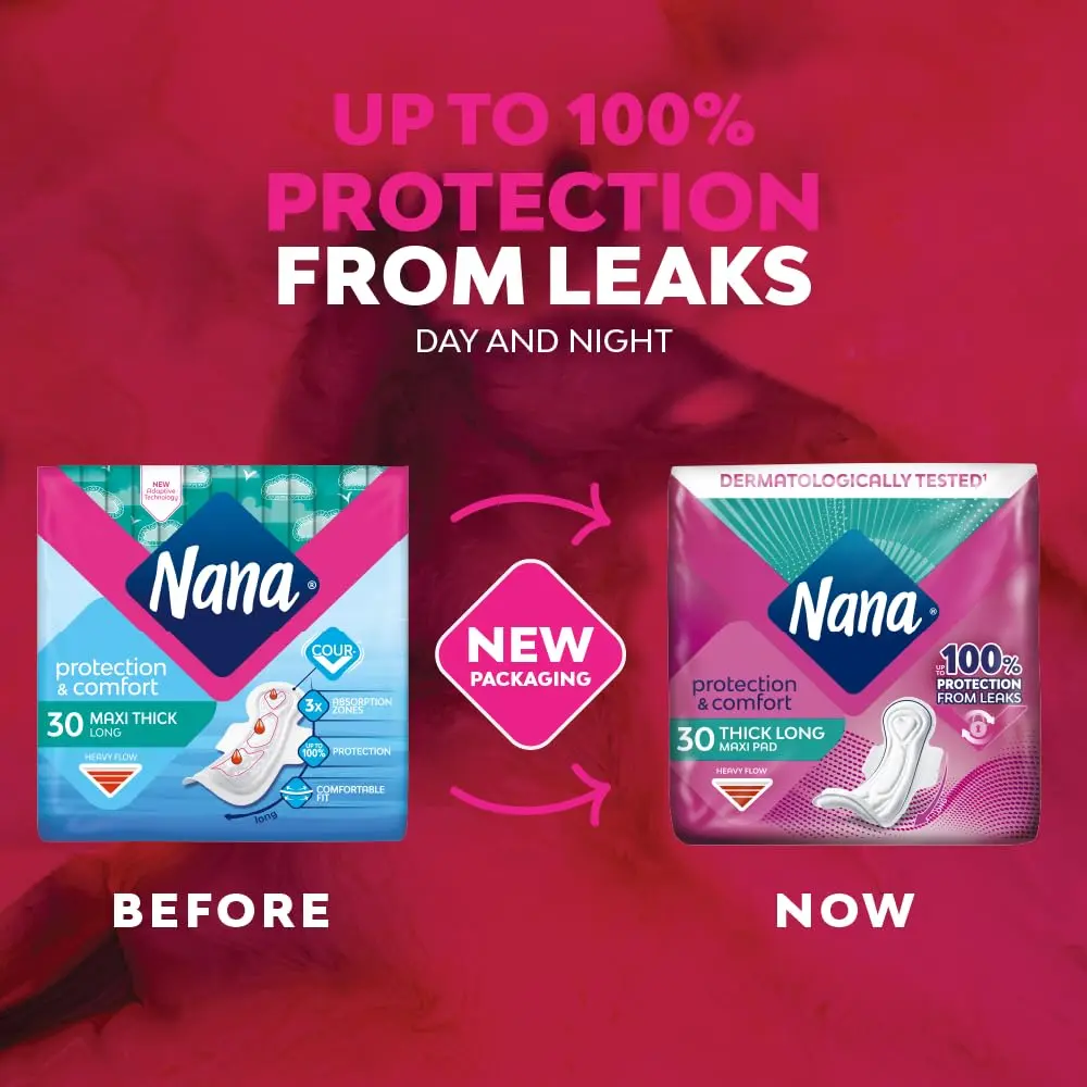 Thirty Nana Maxi Super Wings pads with wings for heavy flow and secure fit, offering high absorption and extra protection during your period.