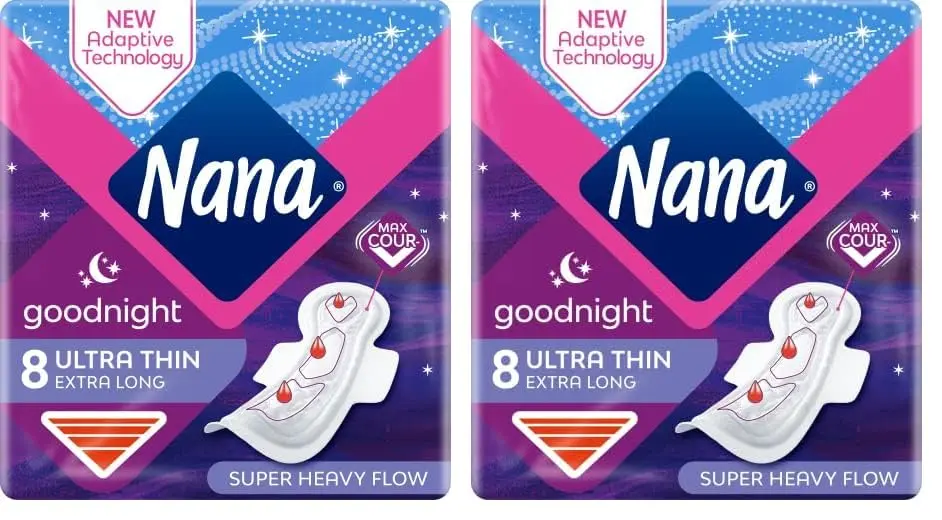 Nana Ultra Thin Goodnight Pads provide maximum absorption and comfortable protection for super heavy flow during nighttime, with a body adaptive design that fits different body shapes and keeps skin feeling dry.