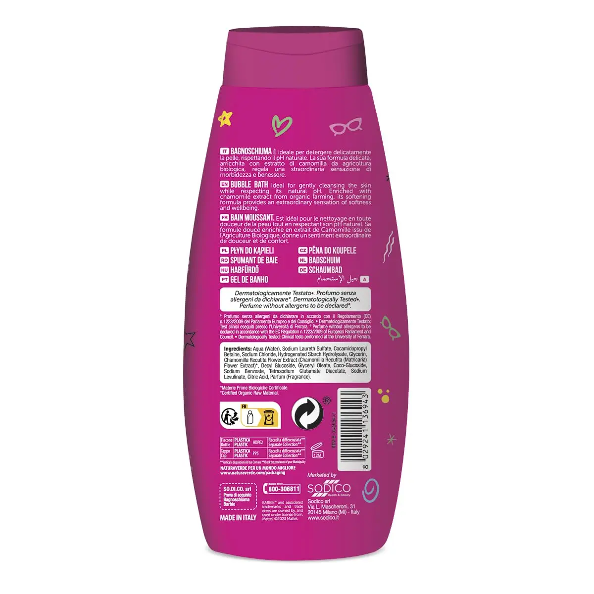 Naturaverde Barbie bubble bath for kids with chamomile gently cleanses while maintaining skin's natural pH, is dermatologically tested, and free of parabens, SLS, and SLES.