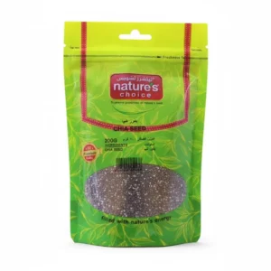A sealed pouch of Natures Choice Chia Seed, 200g, packed and processed in the UAE, making it a good addition to your diet.