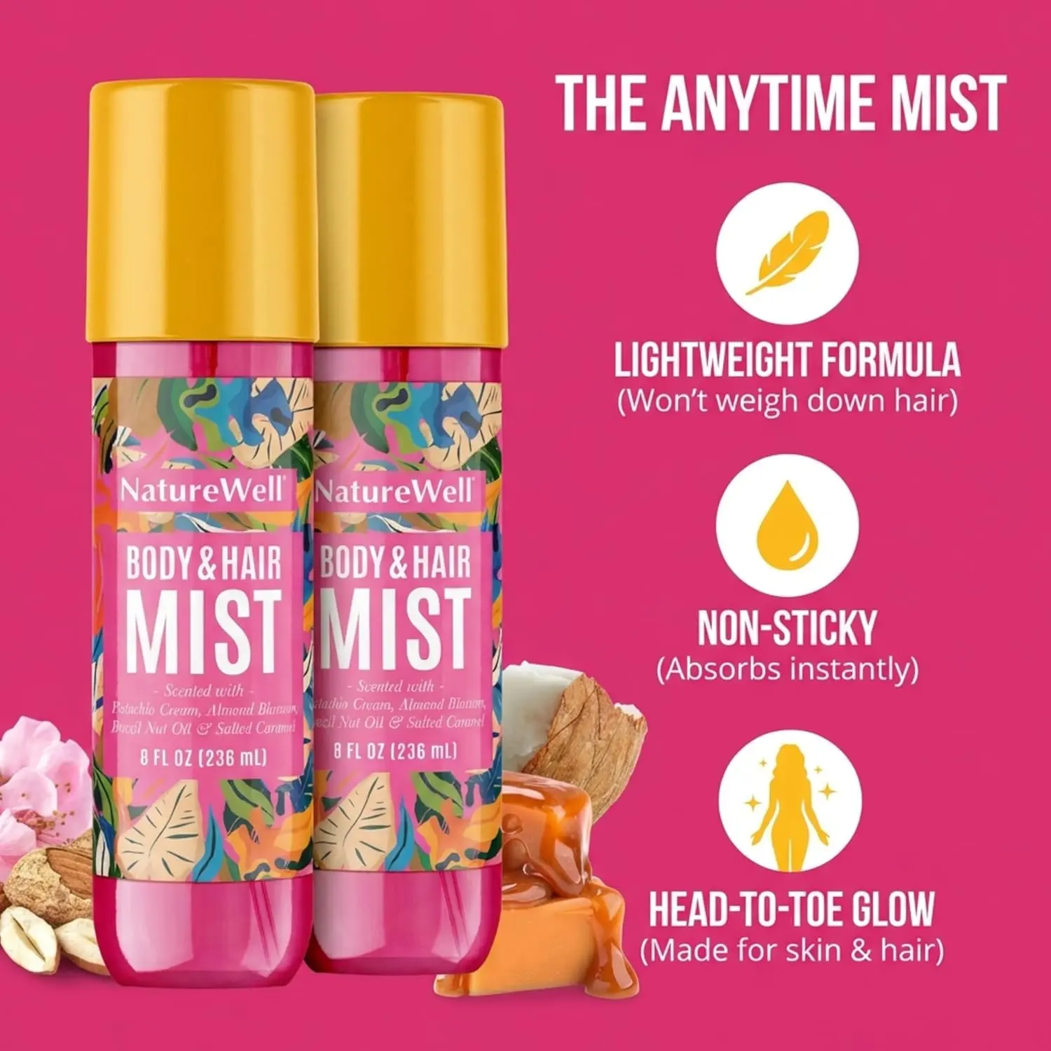 NatureWell Cheeky body and hair mist with a sweet Brazilian nut scent offers a lightweight, refreshing fragrance experience for all-day wear.