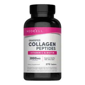 This is a bottle of NeoCell Super Collagen dietary supplement containing Vitamin C and Biotin, which supports healthy hair, beautiful skin, and strong nails with 3g of grass-fed collagen per serving.