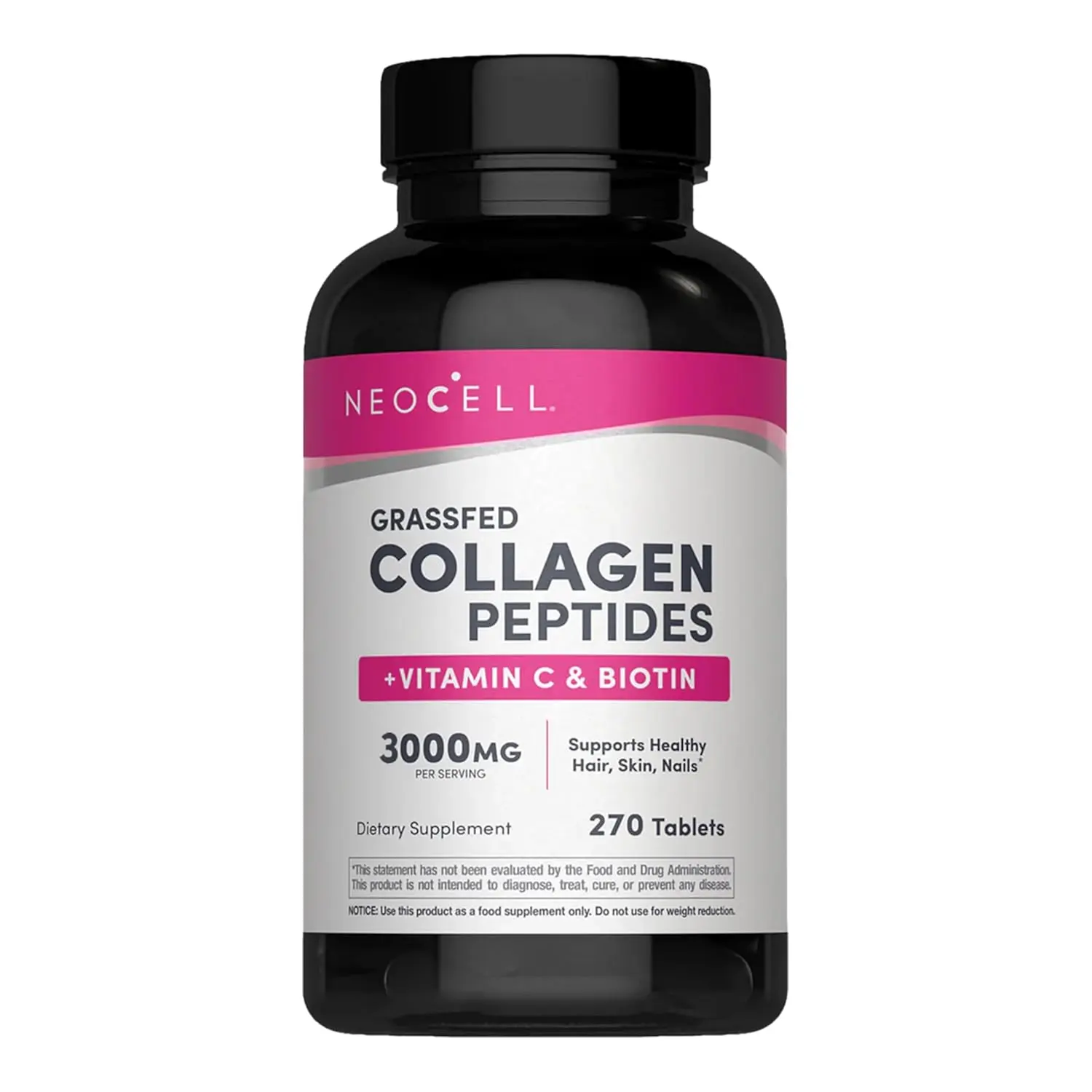 This is a bottle of NeoCell Super Collagen dietary supplement containing Vitamin C and Biotin, which supports healthy hair, beautiful skin, and strong nails with 3g of grass-fed collagen per serving.