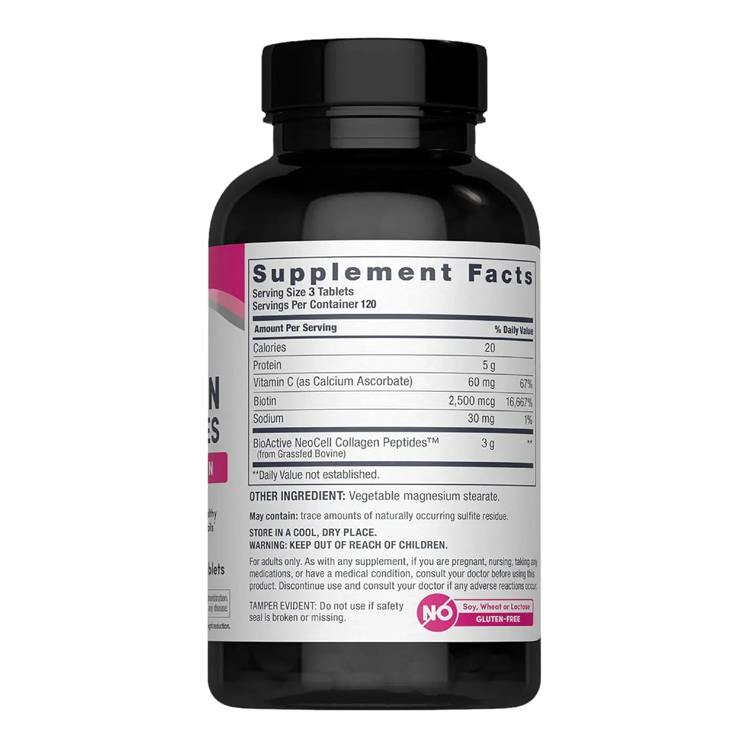 This is a bottle of NeoCell Super Collagen dietary supplement containing Vitamin C and Biotin, which supports healthy hair, beautiful skin, and strong nails with 3g of grass-fed collagen per serving.