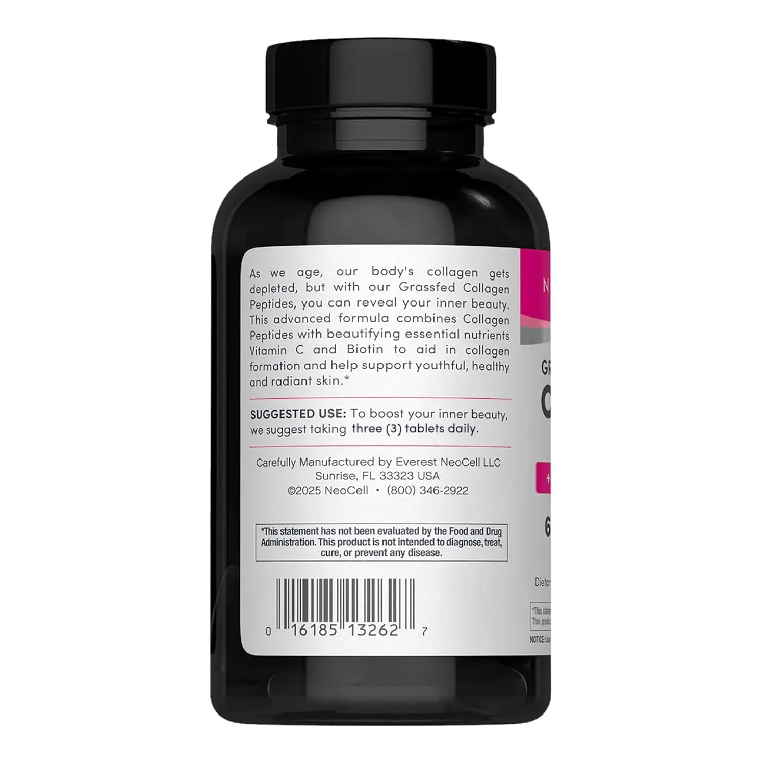 This is a bottle of NeoCell Super Collagen dietary supplement containing Vitamin C and Biotin, which supports healthy hair, beautiful skin, and strong nails with 3g of grass-fed collagen per serving.