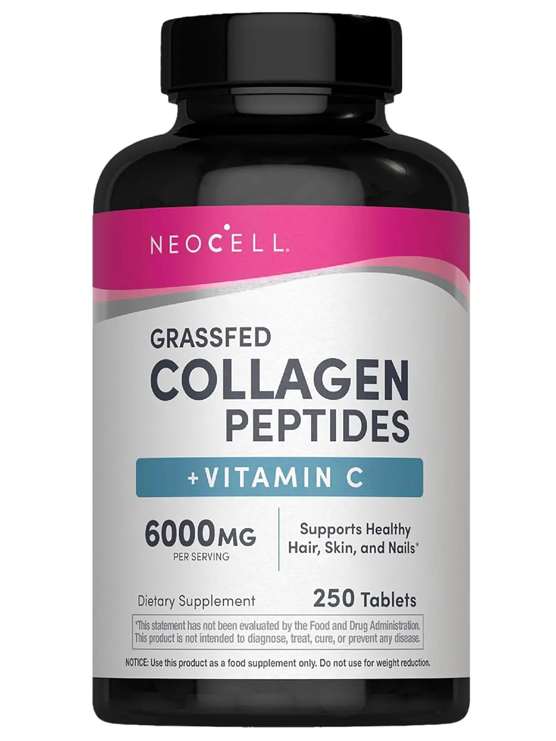 This is a bottle of NeoCell Super Collagen dietary supplement containing Vitamin C and Biotin, which supports healthy hair, beautiful skin, and strong nails with 3g of grass-fed collagen per serving.