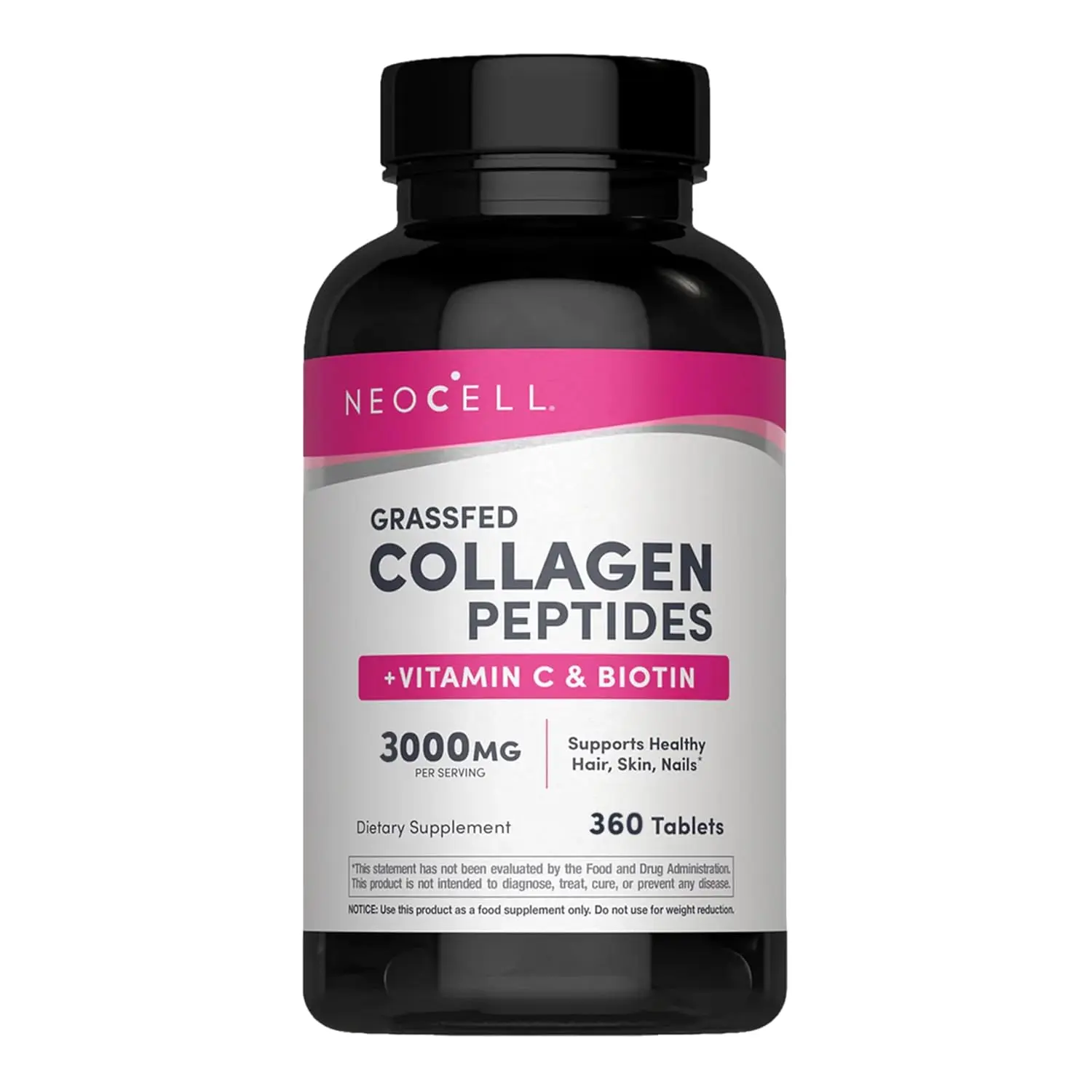 This is a bottle of NeoCell Super Collagen dietary supplement containing Vitamin C and Biotin, which supports healthy hair, beautiful skin, and strong nails with 3g of grass-fed collagen per serving.
