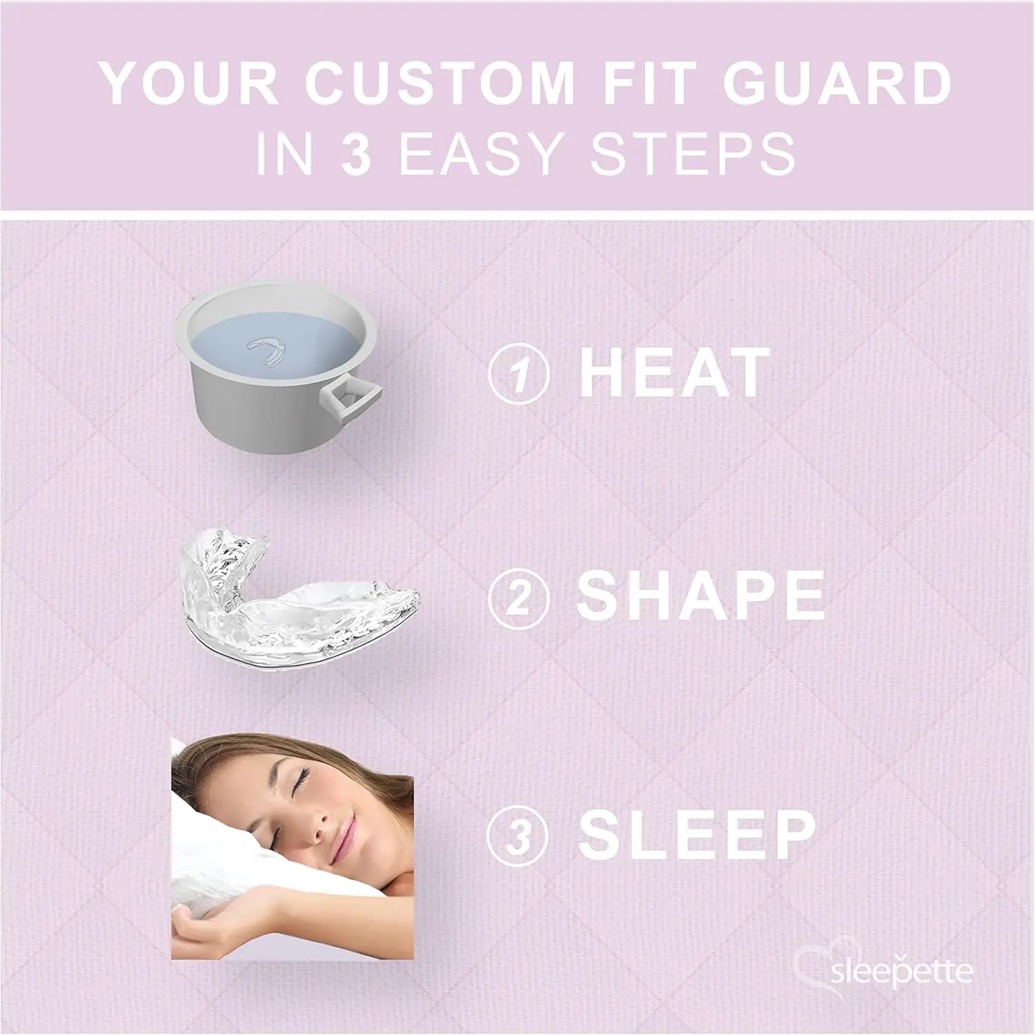Sleepette night guard for women provides comfortable protection from teeth grinding and jaw clenching, with a custom moldable fit for TMJ relief and restful sleep.