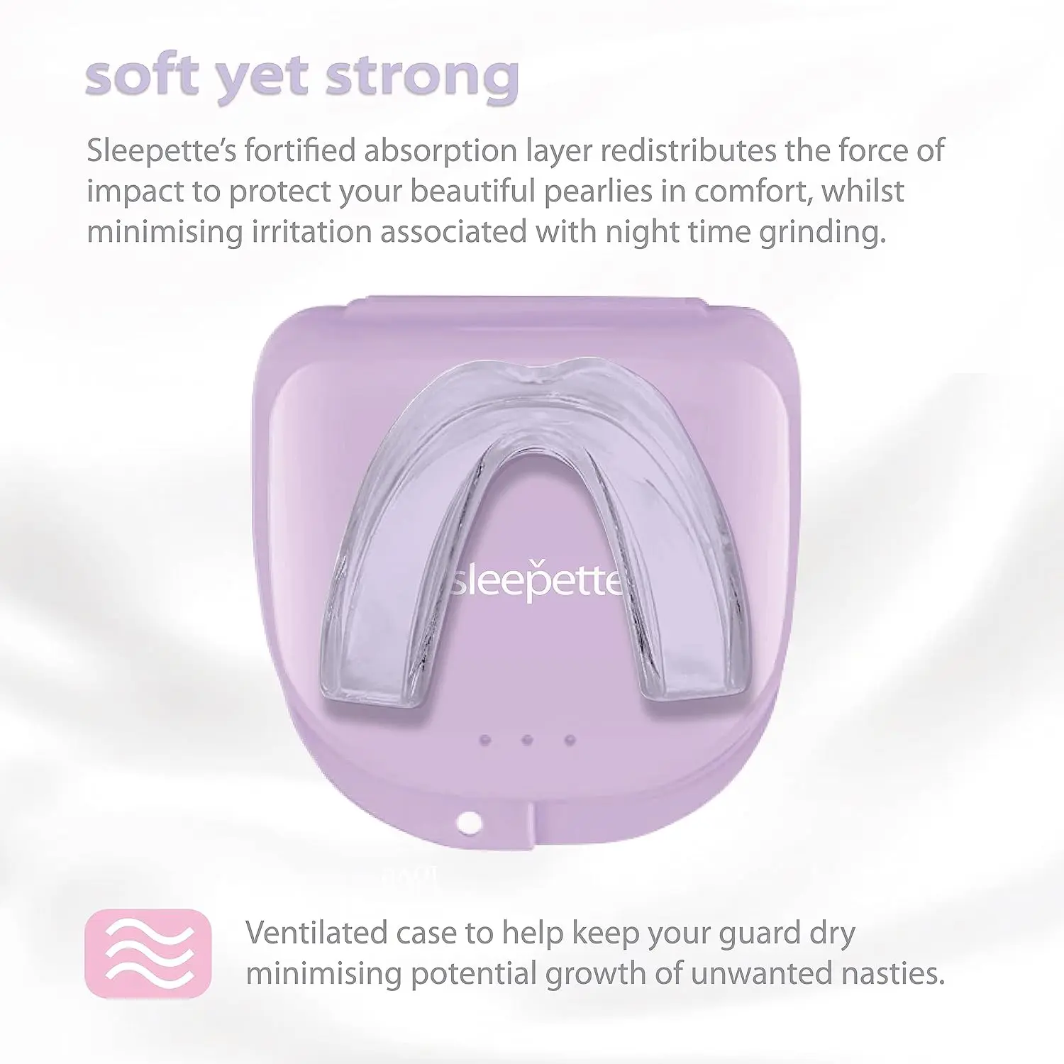 Sleepette night guard for women provides comfortable protection from teeth grinding and jaw clenching, with a custom moldable fit for TMJ relief and restful sleep.