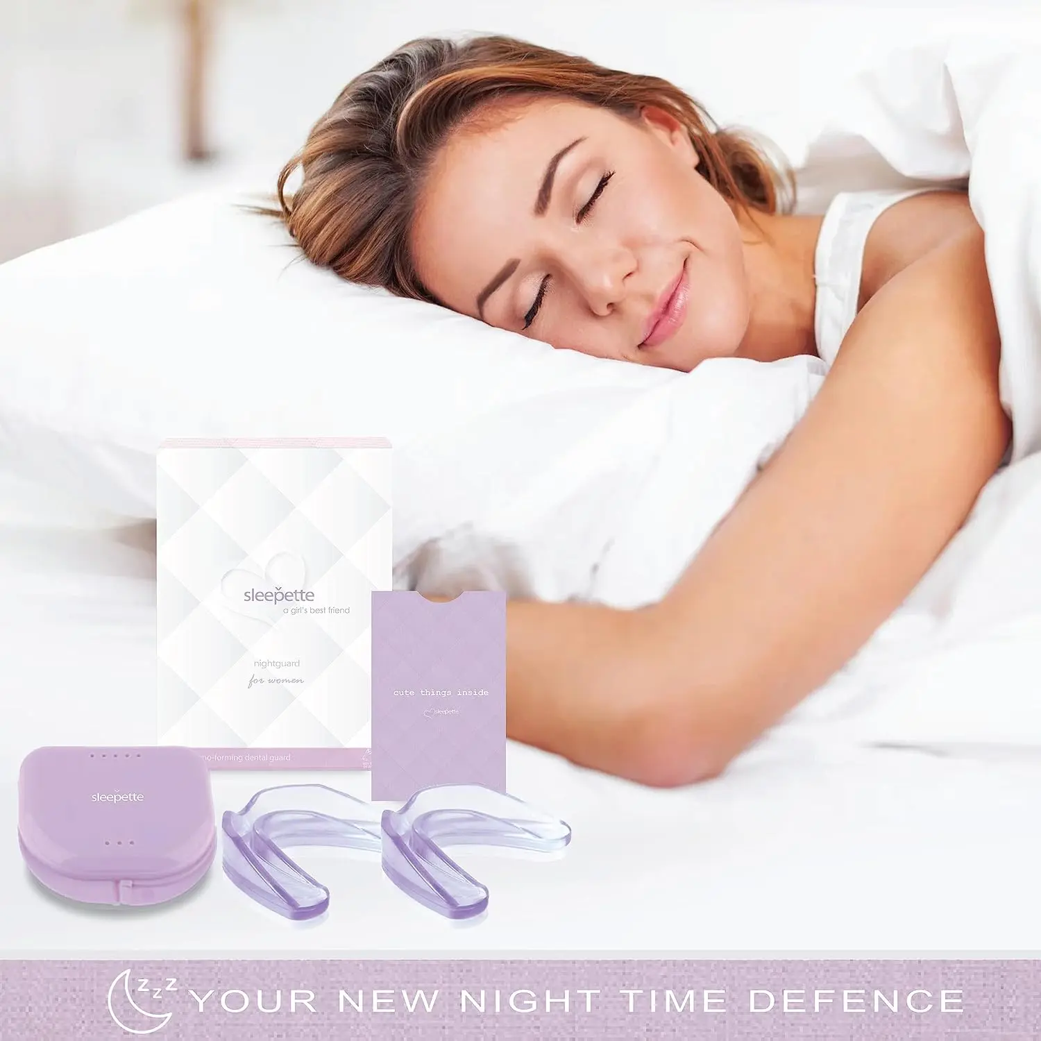 Sleepette night guard for women provides comfortable protection from teeth grinding and jaw clenching, with a custom moldable fit for TMJ relief and restful sleep.