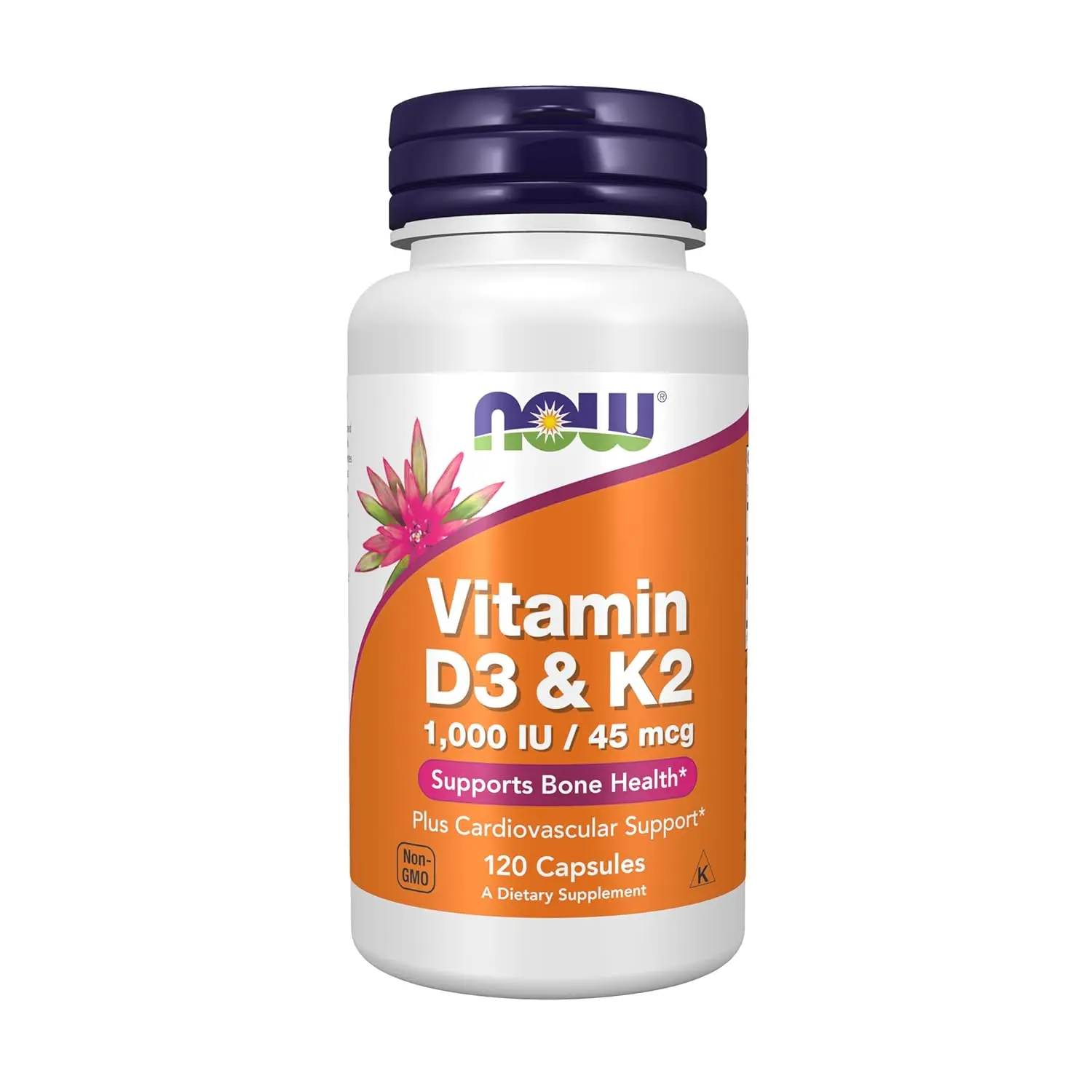 This image shows Now Foods Vitamin D3 and K2 capsules, 1000 IU D3 and 45 mcg K2 per serving, supporting cardiovascular and bone health.