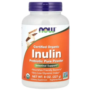 A bag of Now Foods Certified Organic Inulin Pure Powder, a soluble prebiotic fiber that nourishes friendly gut bacteria and promotes digestive health.