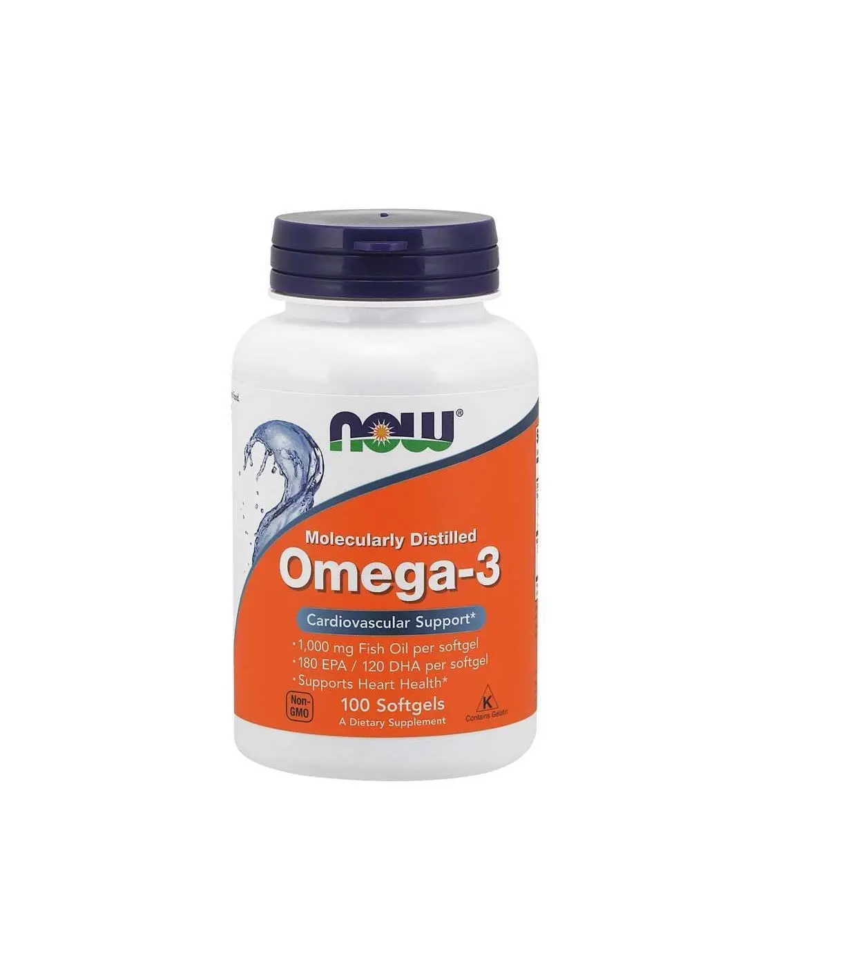 Bottle of Now Foods Omega-3 1000mg softgels, a non-GMO supplement that supports heart health and is cholesterol free.