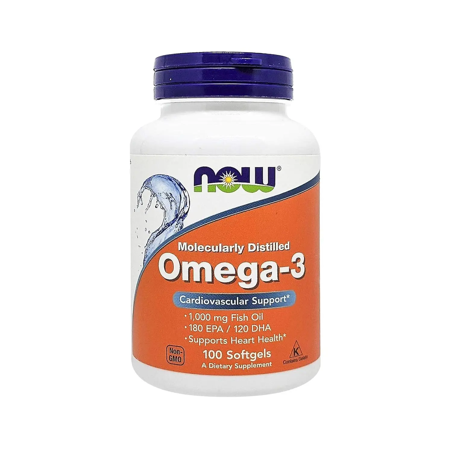 Bottle of Now Foods Omega-3 1000mg softgels, a non-GMO supplement that supports heart health and is cholesterol free.