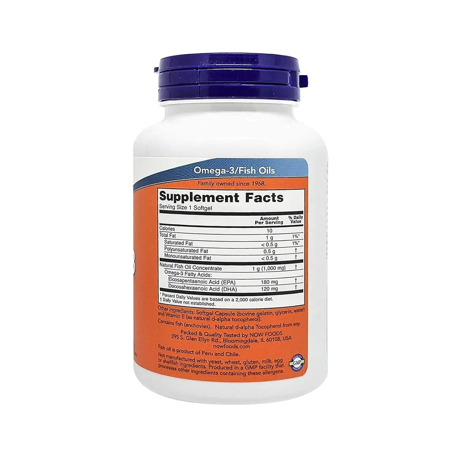 Bottle of Now Foods Omega-3 1000mg softgels, a non-GMO supplement that supports heart health and is cholesterol free.