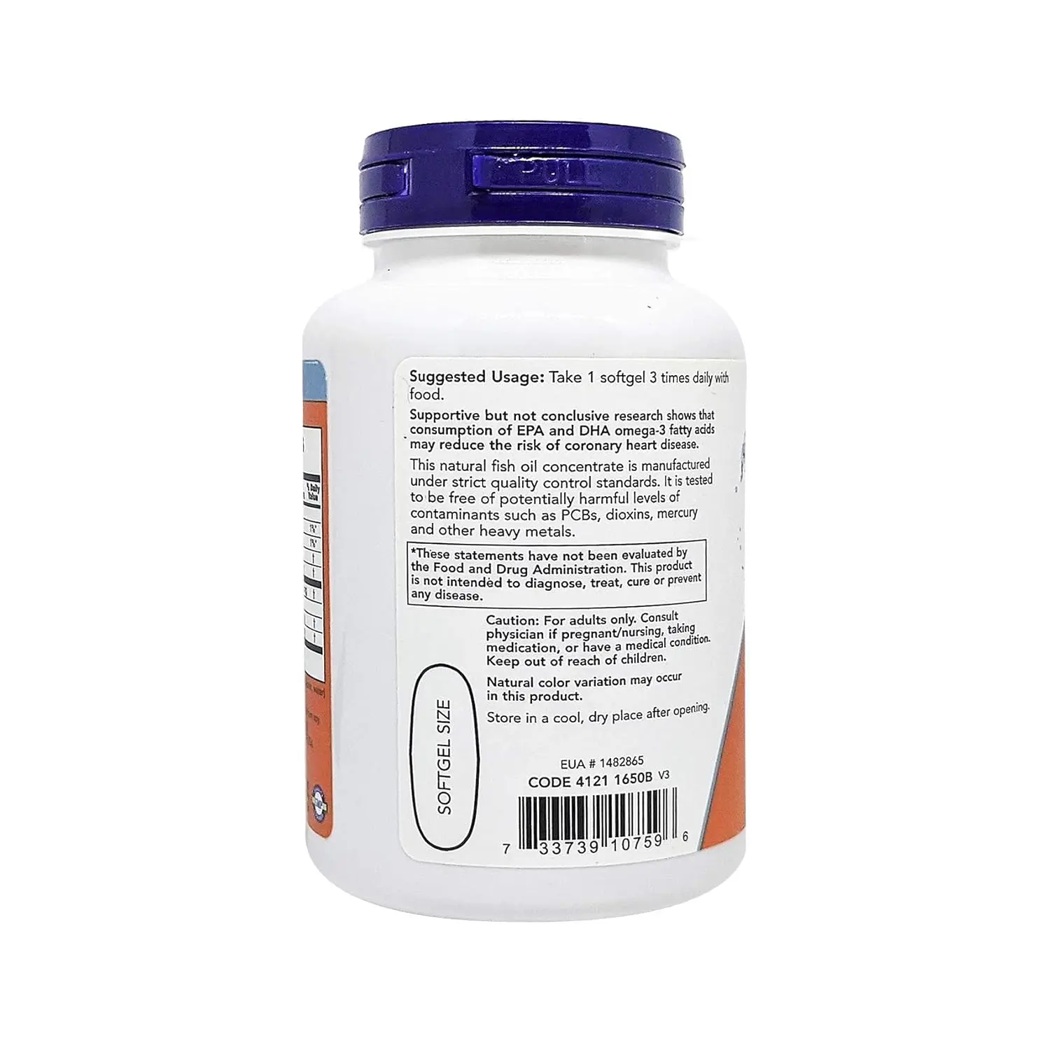 Bottle of Now Foods Omega-3 1000mg softgels, a non-GMO supplement that supports heart health and is cholesterol free.