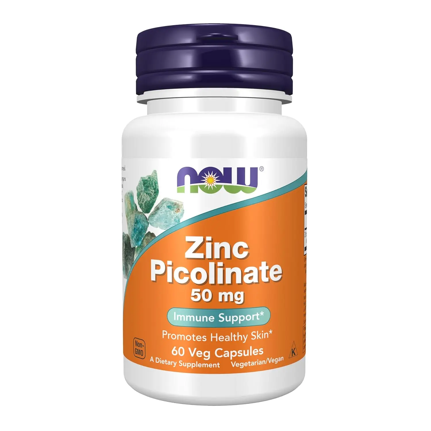 Image of a Now Foods Zinc Picolinate bottle containing 60 vegetarian capsules, a non-GMO, GMP certified, and Kosher supplement.