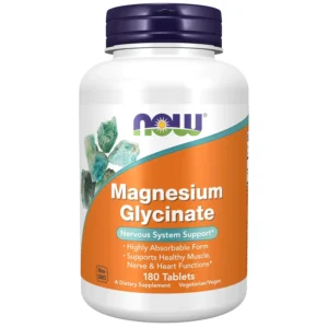 A bottle of Now Foods Magnesium Glycinate tablets, a highly absorbable form of magnesium that supports healthy muscle, nerve, and heart functions.