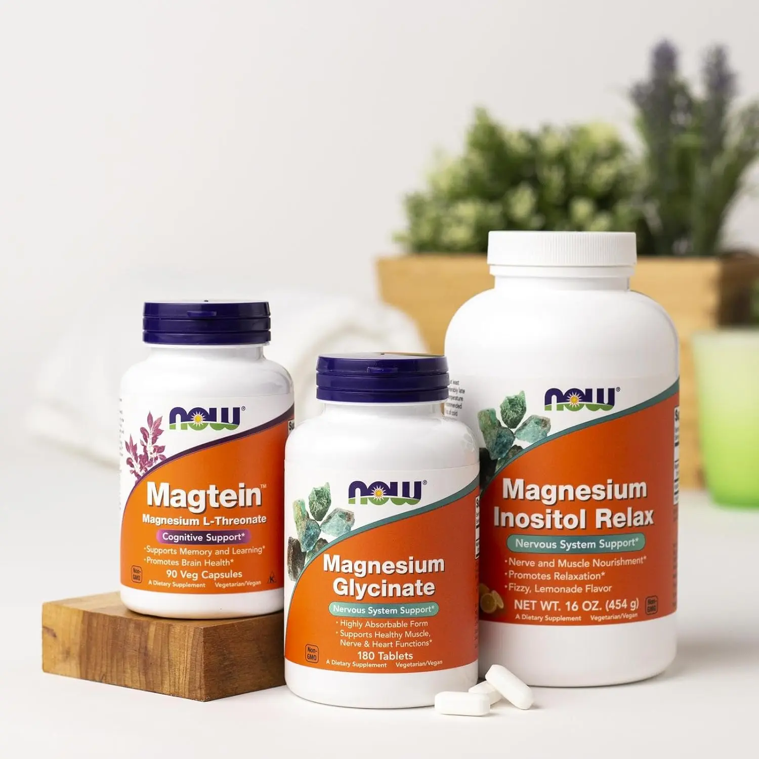 A bottle of Now Foods Magnesium Glycinate tablets, a highly absorbable form of magnesium that supports healthy muscle, nerve, and heart functions.