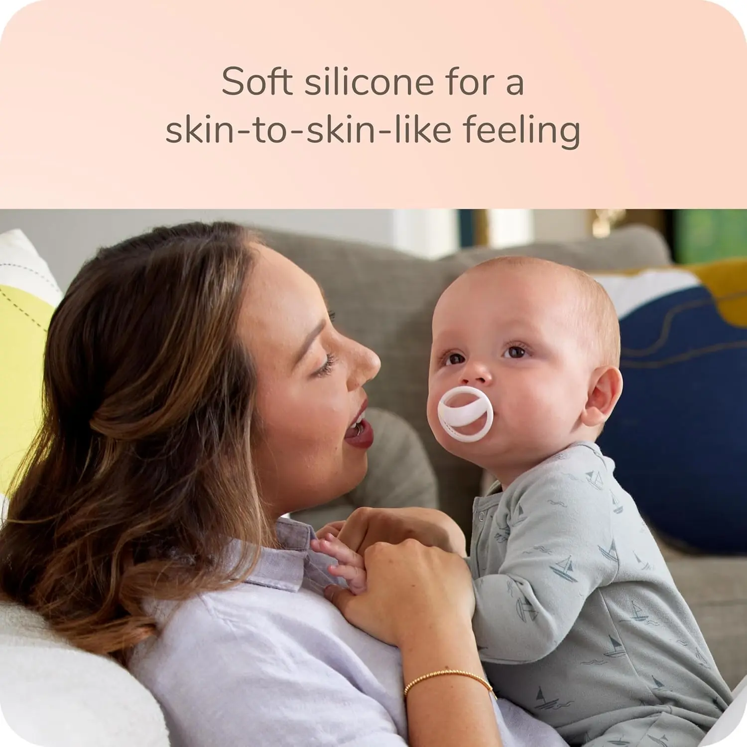 The NUK for Nature Simply Natural Pacifier in size 0-6 months is made from silicone and designed to feel like mom's breast for a natural latch and comfortable fit.