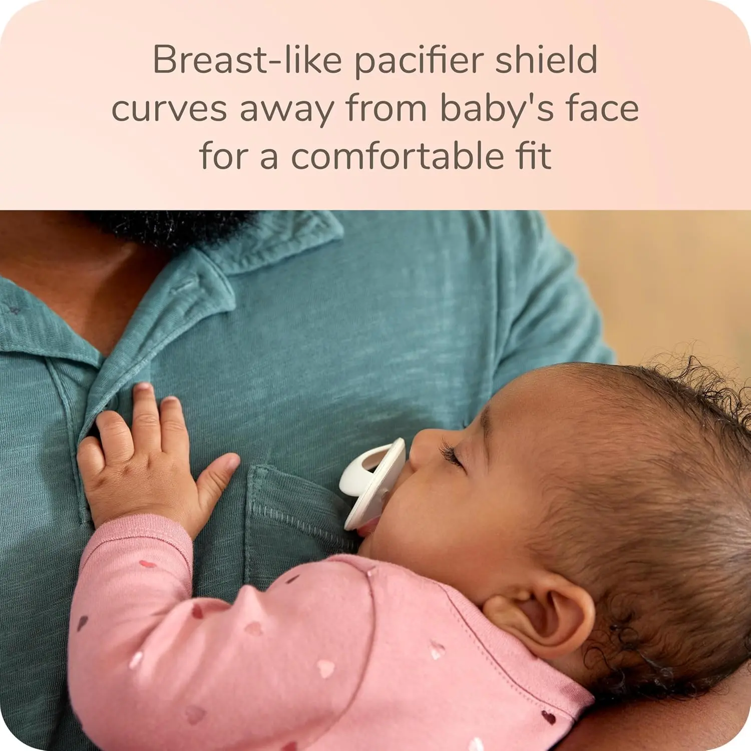 The NUK for Nature Simply Natural Pacifier in size 0-6 months is made from silicone and designed to feel like mom's breast for a natural latch and comfortable fit.