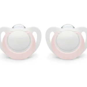 NUK newborn orthodontic pacifiers designed for babies aged 0-2 months to promote healthy oral development and accepted by 95% of babies.