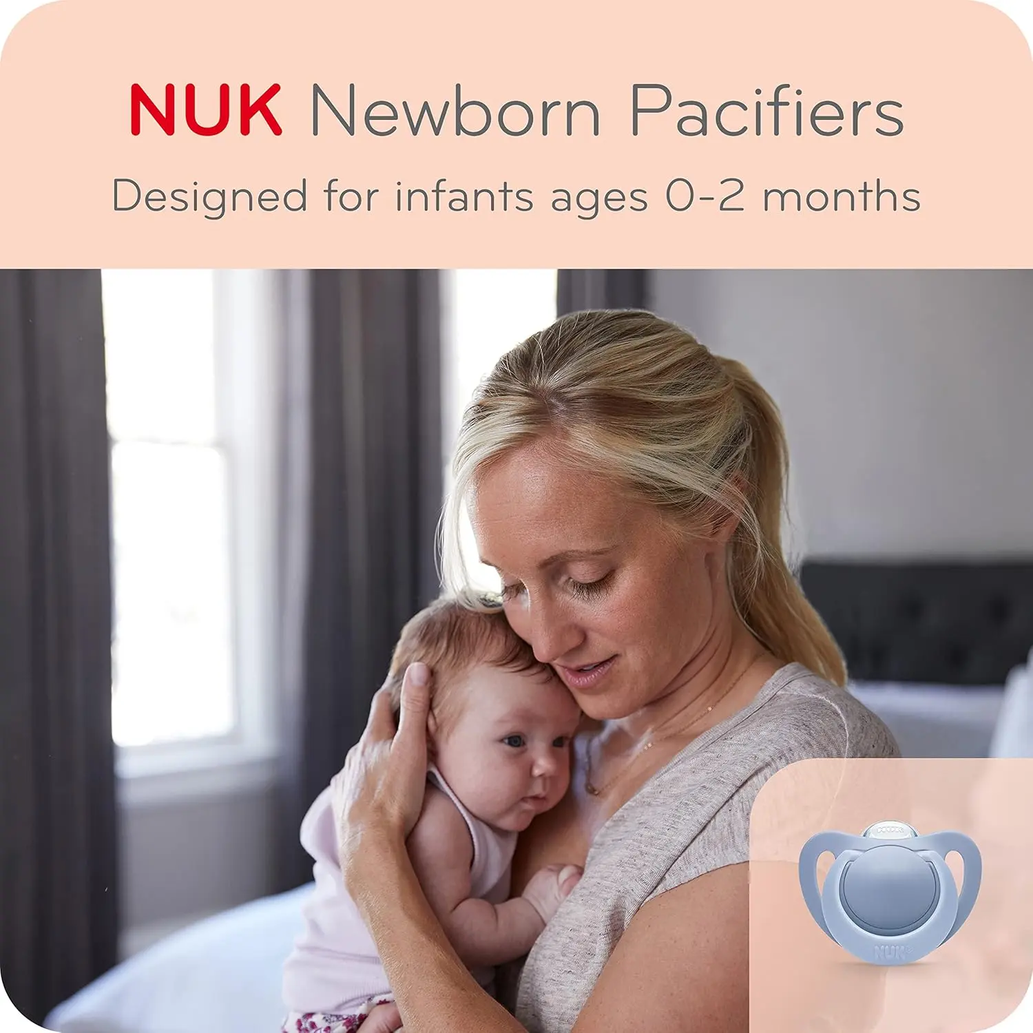 NUK newborn orthodontic pacifiers designed for babies aged 0-2 months to promote healthy oral development and accepted by 95% of babies.