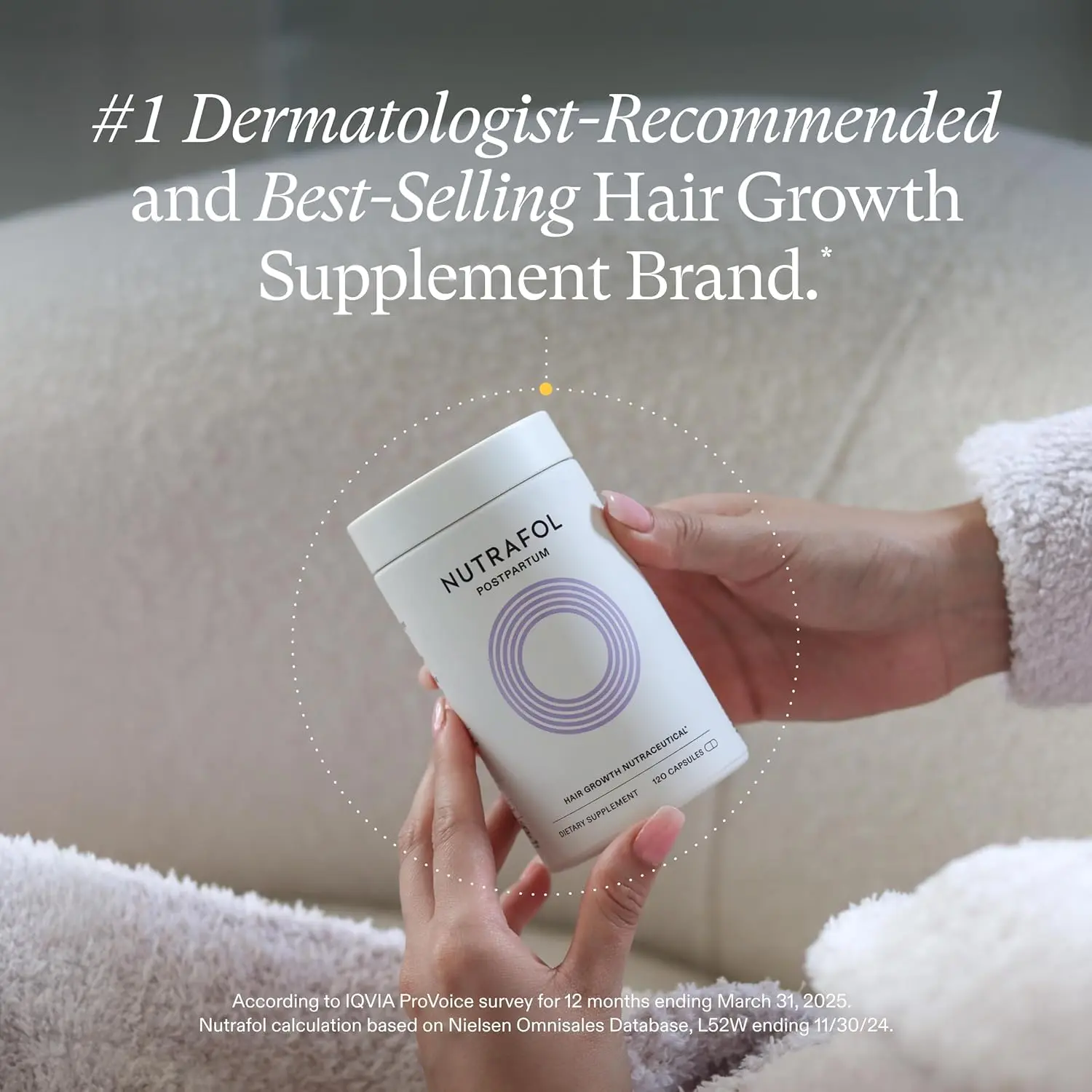 One-month supply of Nutrafol Postpartum hair growth supplement formulated with breastfeeding-friendly ingredients for visibly thicker, stronger hair after childbirth.