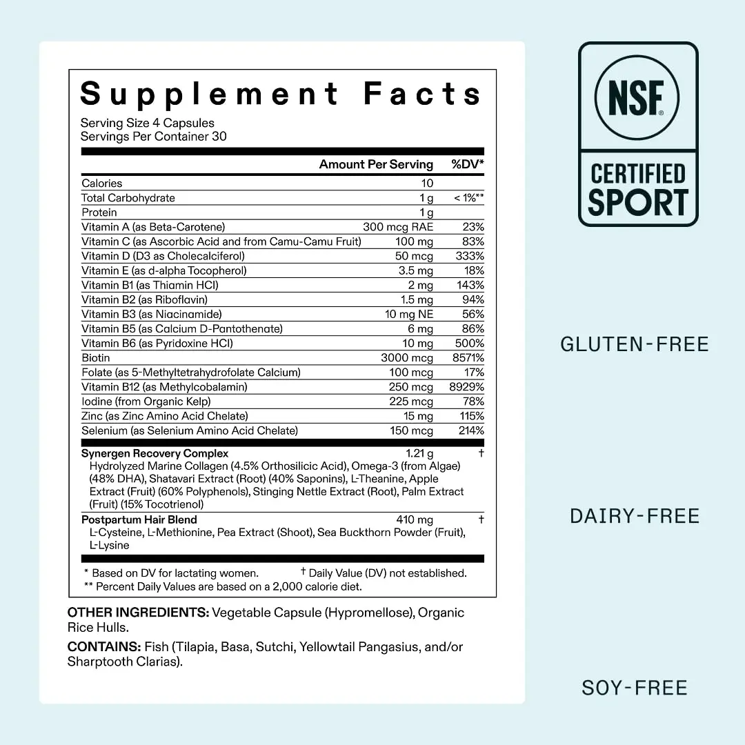 One-month supply of Nutrafol Postpartum hair growth supplement formulated with breastfeeding-friendly ingredients for visibly thicker, stronger hair after childbirth.