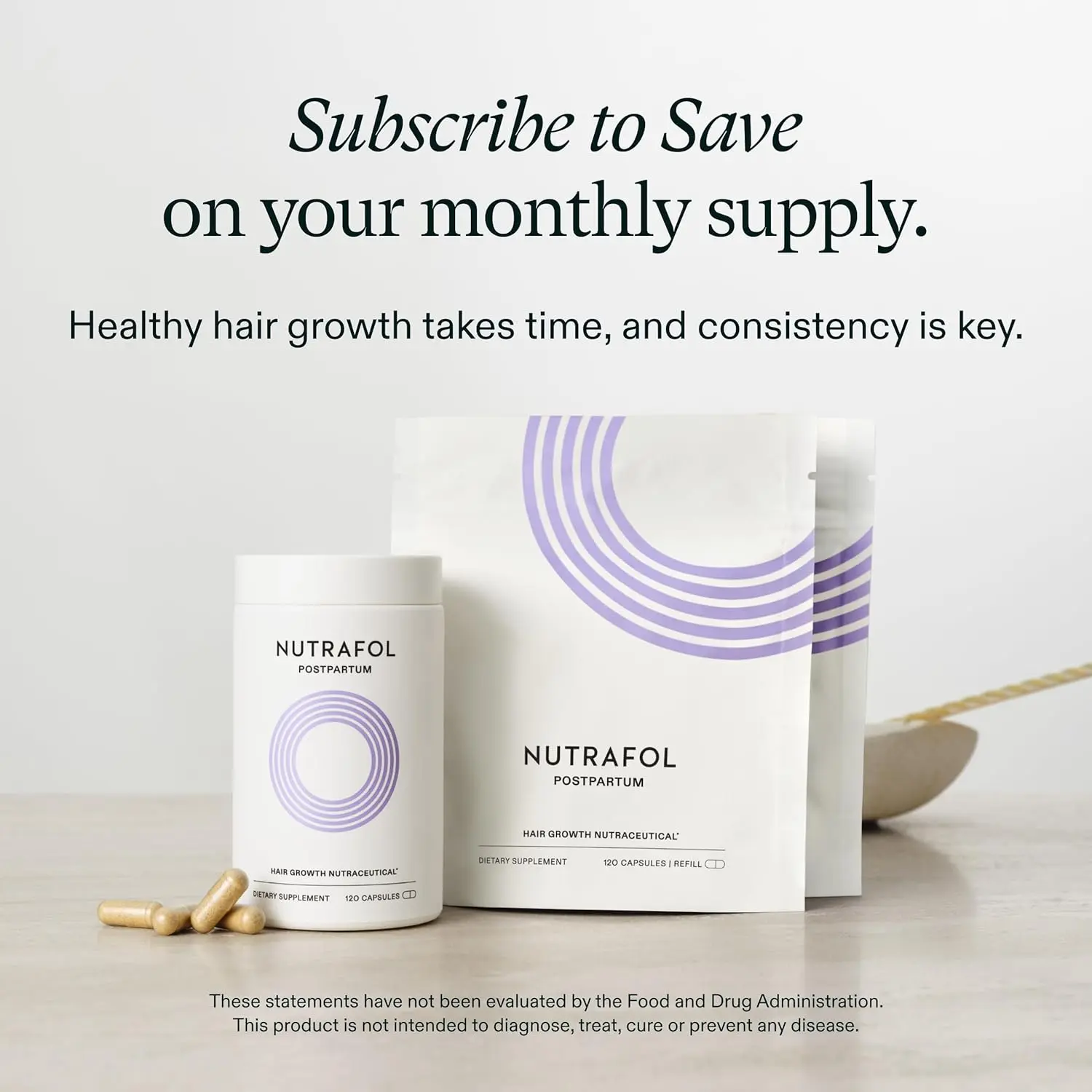 One-month supply of Nutrafol Postpartum hair growth supplement formulated with breastfeeding-friendly ingredients for visibly thicker, stronger hair after childbirth.