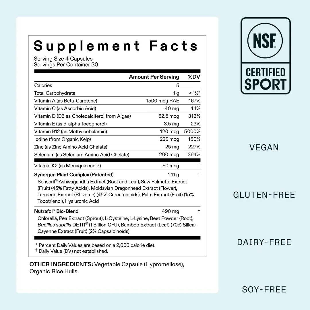 One bottle of Nutrafol Women's Vegan Hair Growth Supplements for visibly thicker, stronger hair in 3-6 months.