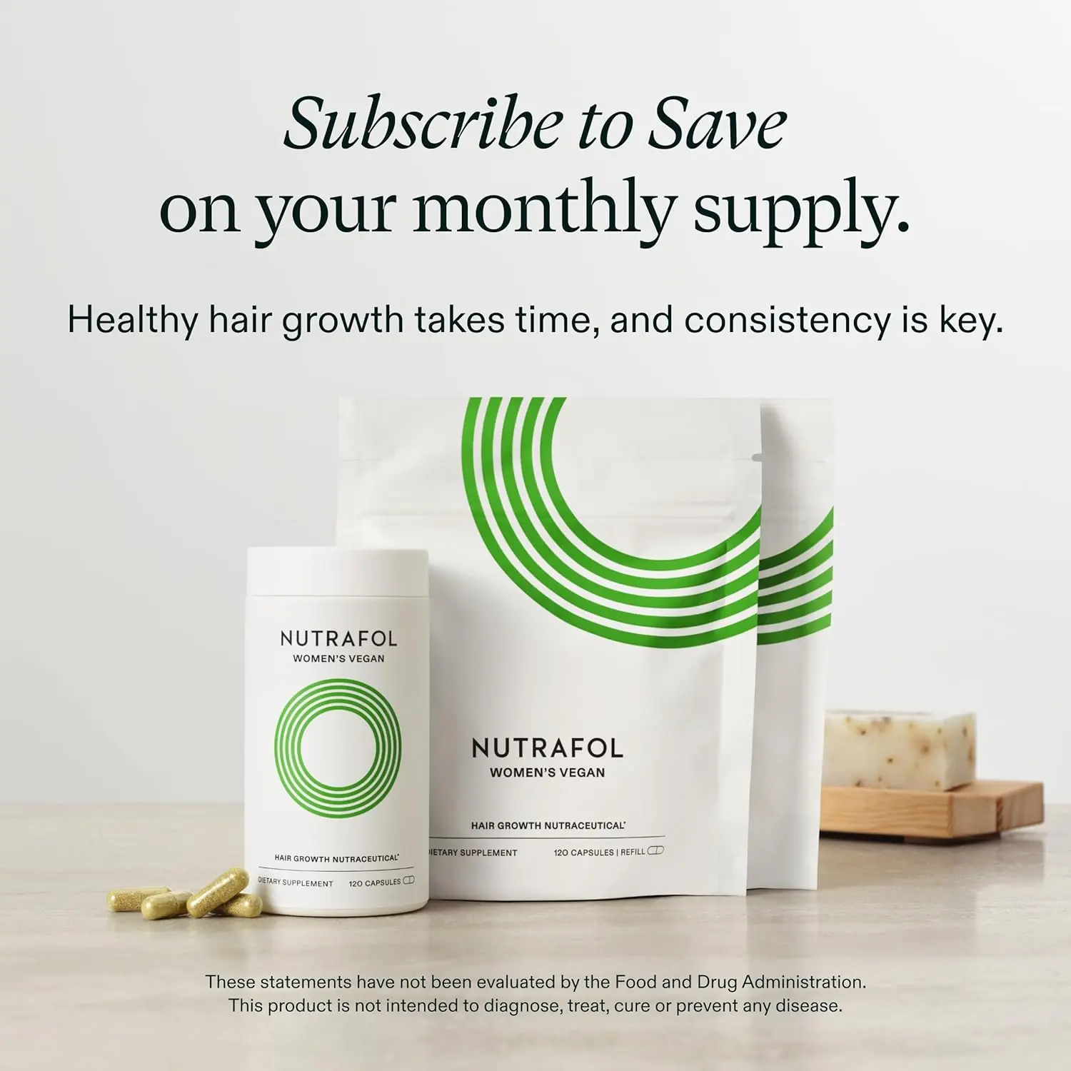 One bottle of Nutrafol Women's Vegan Hair Growth Supplements for visibly thicker, stronger hair in 3-6 months.