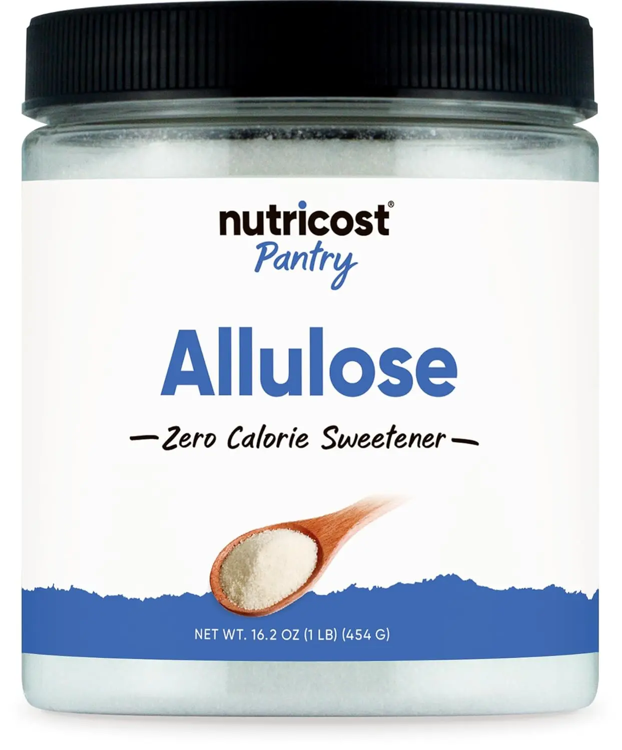 One pound bottle of Nutricost Allulose, a natural, zero calorie, keto-friendly sweetener in crystalline powder form, perfect for low carb diets and replacing regular sugar.