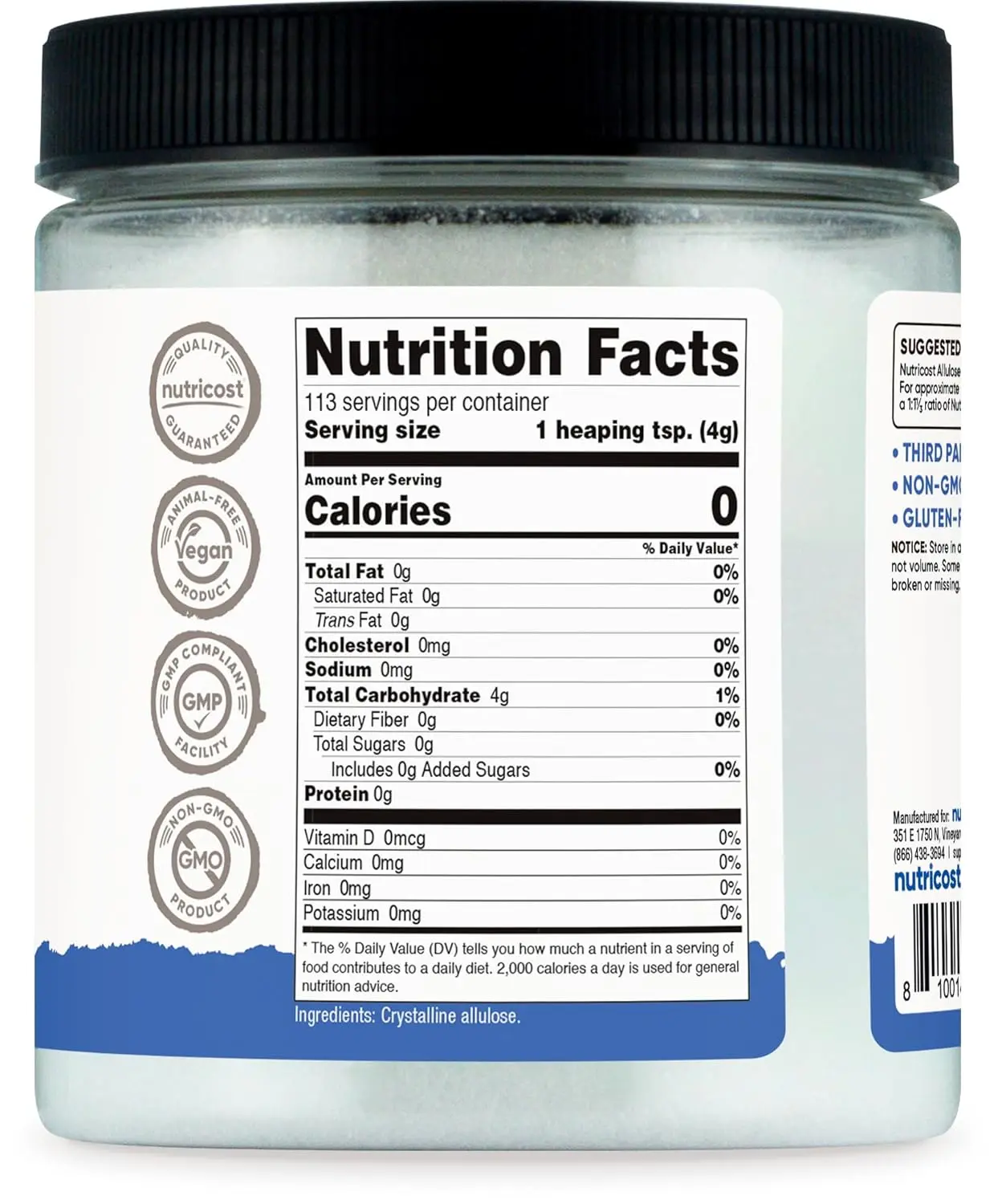 One pound bottle of Nutricost Allulose, a natural, zero calorie, keto-friendly sweetener in crystalline powder form, perfect for low carb diets and replacing regular sugar.